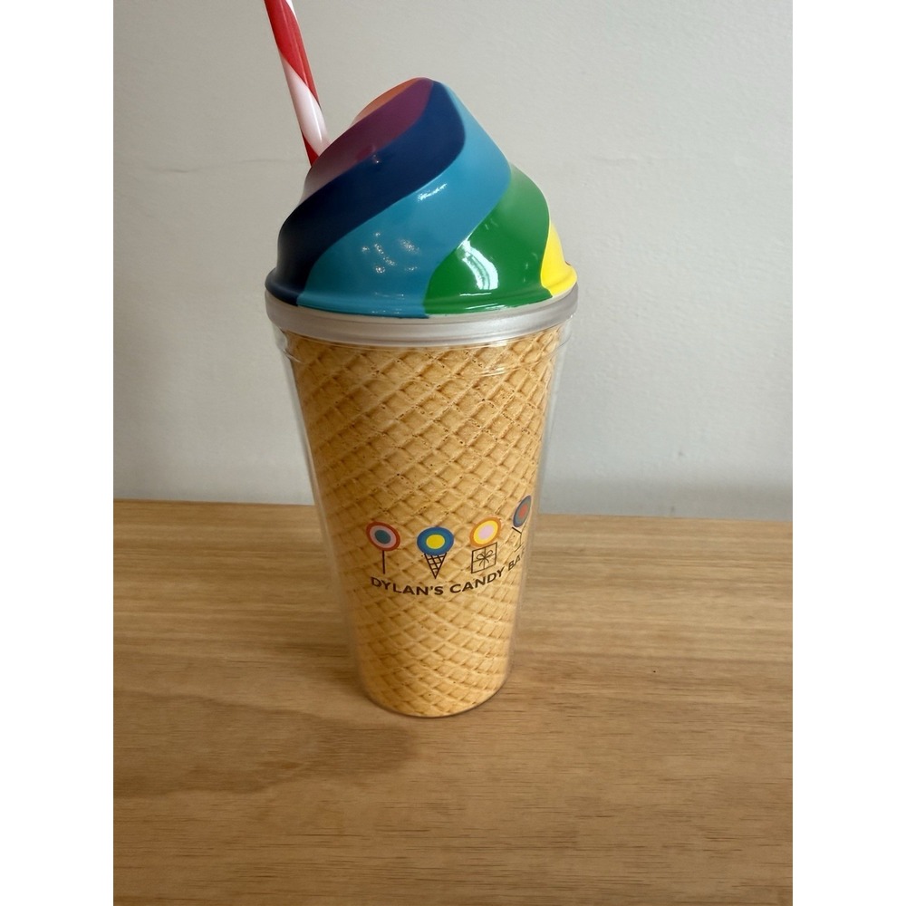 Dylan's Candy‎ Bar Ice Cream Cone Tumbler Cup w/ Rainbow Swirl Lid & Straw